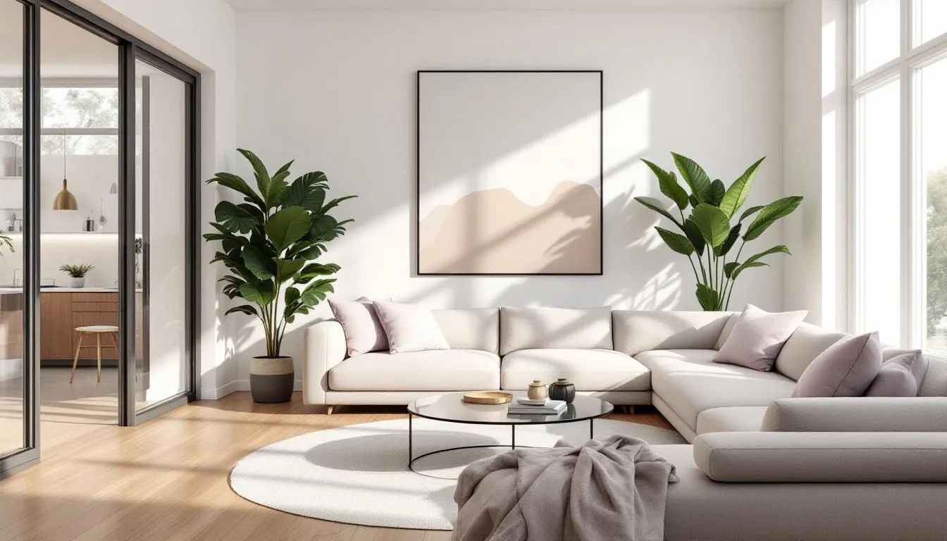 DecorAI AI Room Design App demonstration: A living room transformed into modern Scandinavian style with neutral colors, clean lines, and natural materials